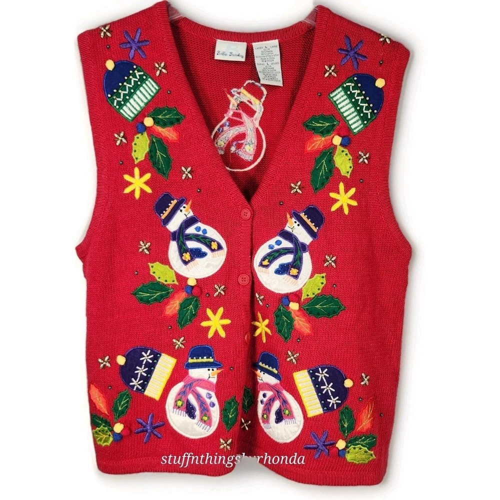 Vintage Bobbie Brooks Red Christmas Sweater Vest Snowmen Holiday Women's‎ Large